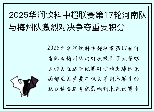 2025华润饮料中超联赛第17轮河南队与梅州队激烈对决争夺重要积分