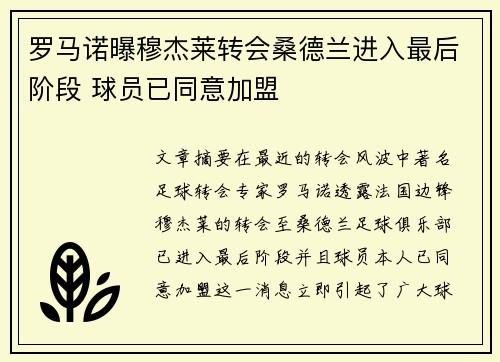 罗马诺曝穆杰莱转会桑德兰进入最后阶段 球员已同意加盟