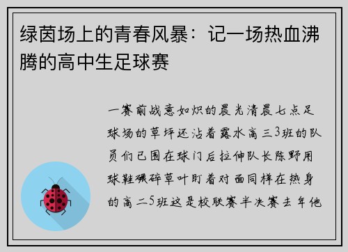 绿茵场上的青春风暴：记一场热血沸腾的高中生足球赛
