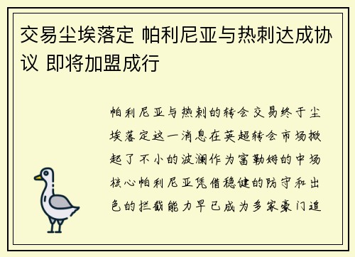 交易尘埃落定 帕利尼亚与热刺达成协议 即将加盟成行